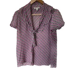 Banana Republic Silk Blouse Womens M Purple Grey Geometric Ruffle Tie Front Top